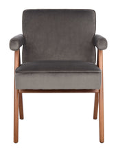 Load image into Gallery viewer, Mid century upholstered arm chair in gray velvet fabric