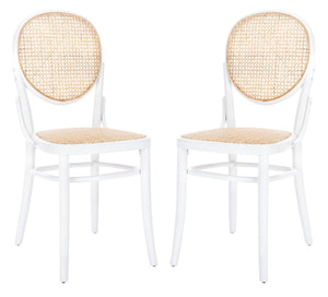 Cane woven round dining chair in white natural, Set of 2