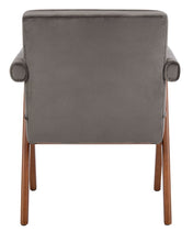 Load image into Gallery viewer, Mid century upholstered arm chair in gray velvet fabric