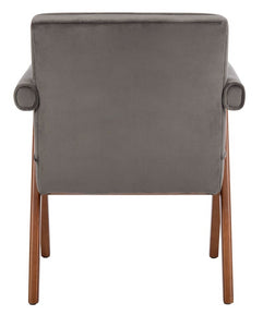 Mid century upholstered arm chair in gray velvet fabric