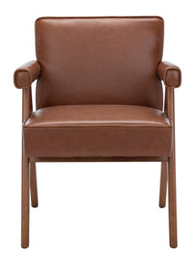 Mid century upholstered arm chair in cognac leatherette