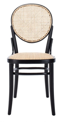 Cane woven round dining chair in black and natural, Set of 2