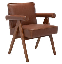 Load image into Gallery viewer, Mid century upholstered arm chair in cognac leatherette