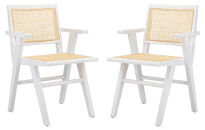 French cane arm chair in white and natural, Set of 2