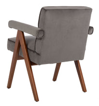 Load image into Gallery viewer, Mid century upholstered arm chair in gray velvet fabric