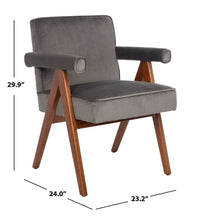 Load image into Gallery viewer, Mid century upholstered arm chair in gray velvet fabric