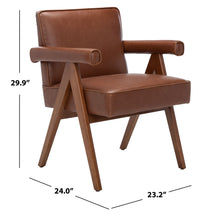 Load image into Gallery viewer, Mid century upholstered arm chair in cognac leatherette