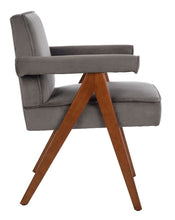 Load image into Gallery viewer, Mid century upholstered arm chair in gray velvet fabric