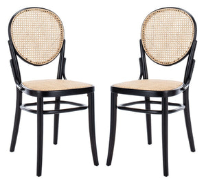 Cane woven round dining chair in black and natural, Set of 2