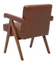 Load image into Gallery viewer, Mid century upholstered arm chair in cognac leatherette