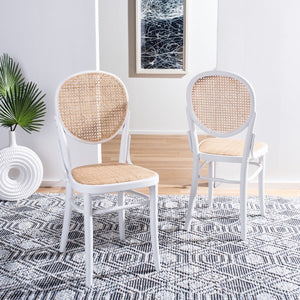 Cane woven round dining chair in white natural, Set of 2