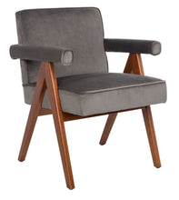 Load image into Gallery viewer, Mid century upholstered arm chair in gray velvet fabric