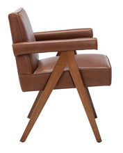 Load image into Gallery viewer, Mid century upholstered arm chair in cognac leatherette